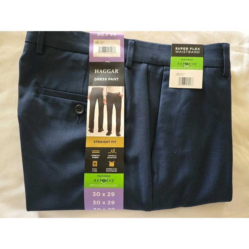 Haggar Mens Dress Pant Straight Fit Easy Care Blue 30x 29 Super Flex Waistband